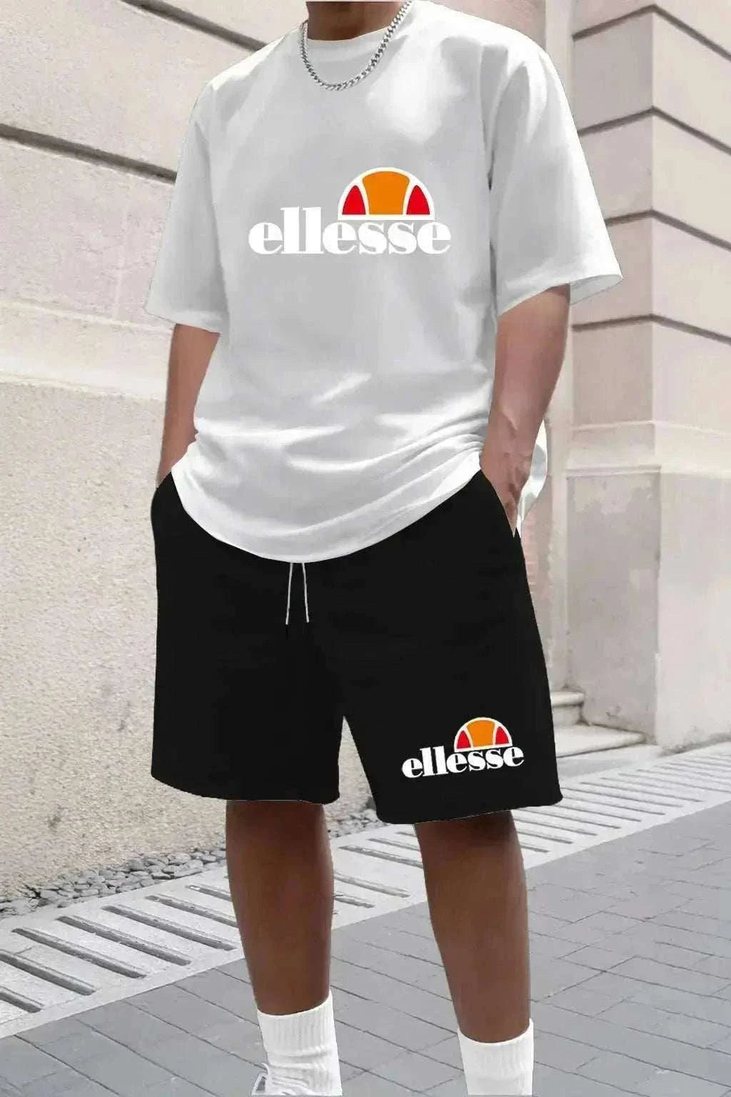 New Men's Casual and Fashionable Outdoor Clothing white cotton T-shirt and black shorts with Ellesse logos
